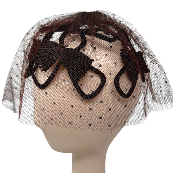 Vintage 1950s Veiled Black Cocktail Hat Fascinator Brown Net Bow Millinery main image 4
